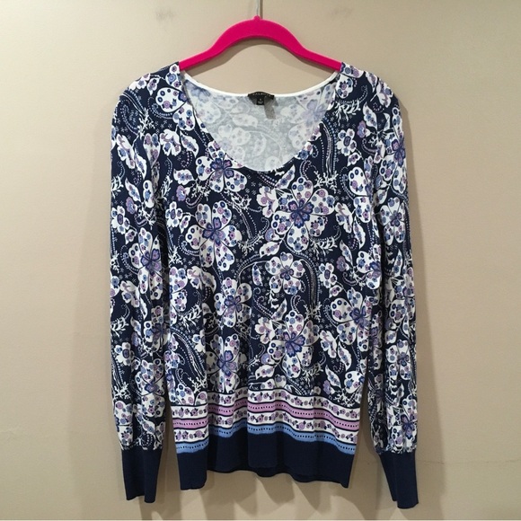 TALBOTS Knit Sweater Top Cotton Womens Size S Floral Blue Navy Purple Boho - Picture 1 of 6
